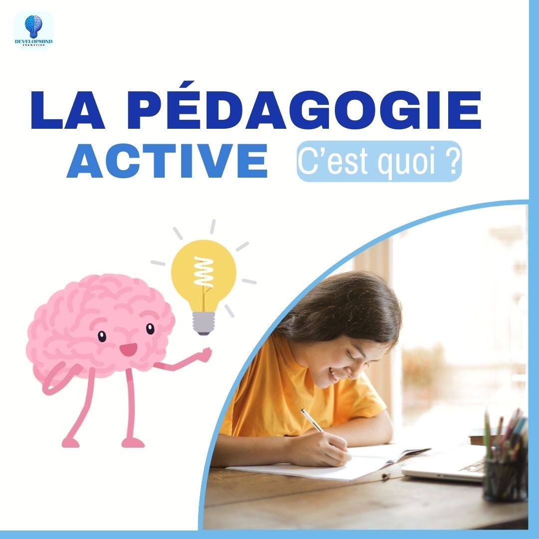 Illustration d'un cerveau qui porte une ampoule, avec un titre: La pédagogie active c'est quoi?